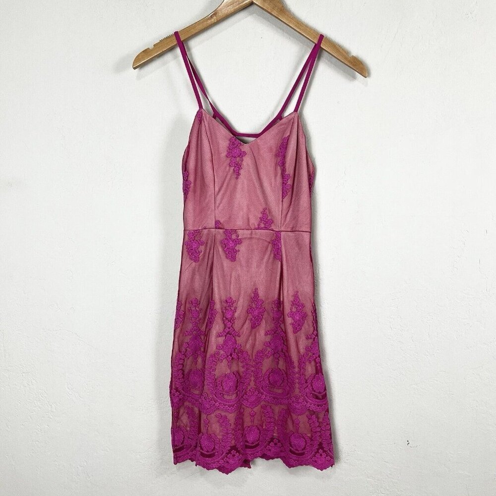 Angel Biba Mini Dress Strappy‎ Pink Lace Mesh Slip 90s Y2K UK 8 US 4 NEW